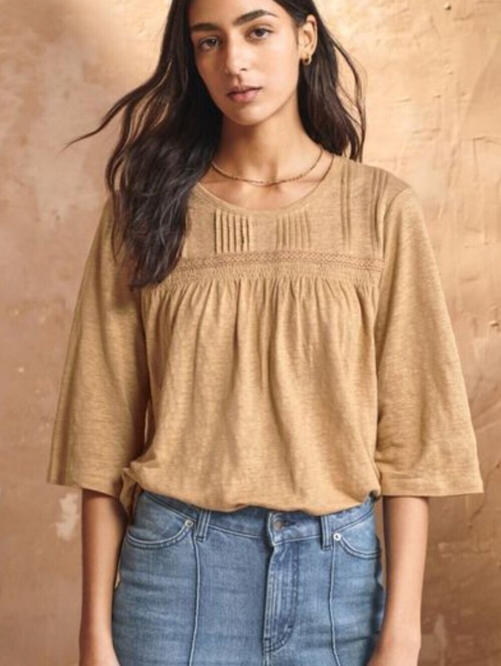 Wrap London Tan Mustard Linen Pintuck Yoke Tunic Blouse Boho Relaxed Fit Sz 18